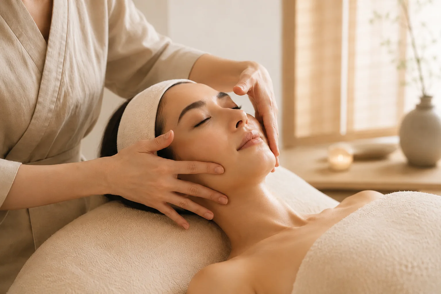 asiatische Frau liegt auf der Behandlungsliege mit geschlossenen Augen und bekommt von weiblichen Händen eine japanische lifting gesichtsmassage